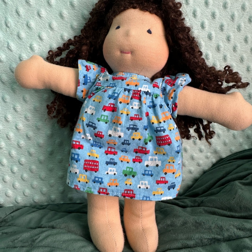 Charming Plush Doll with Blue Car Pattern Dress